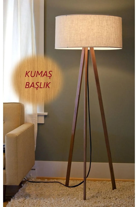 Toscana Antik Beji 3 Ayaklı Tripod Lambader Abajur Kumaş Başlık